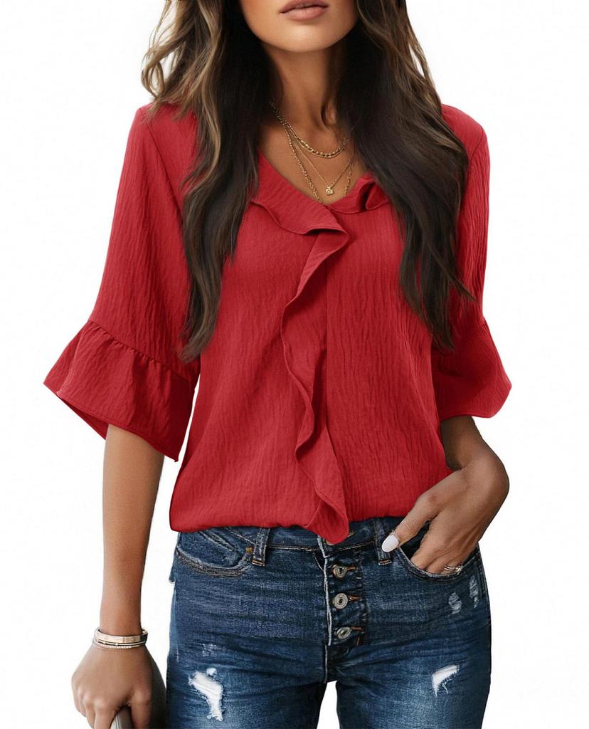 2026 Fashion Style 3/4 Sleeve Ruffle Lantern Collar Casual Top