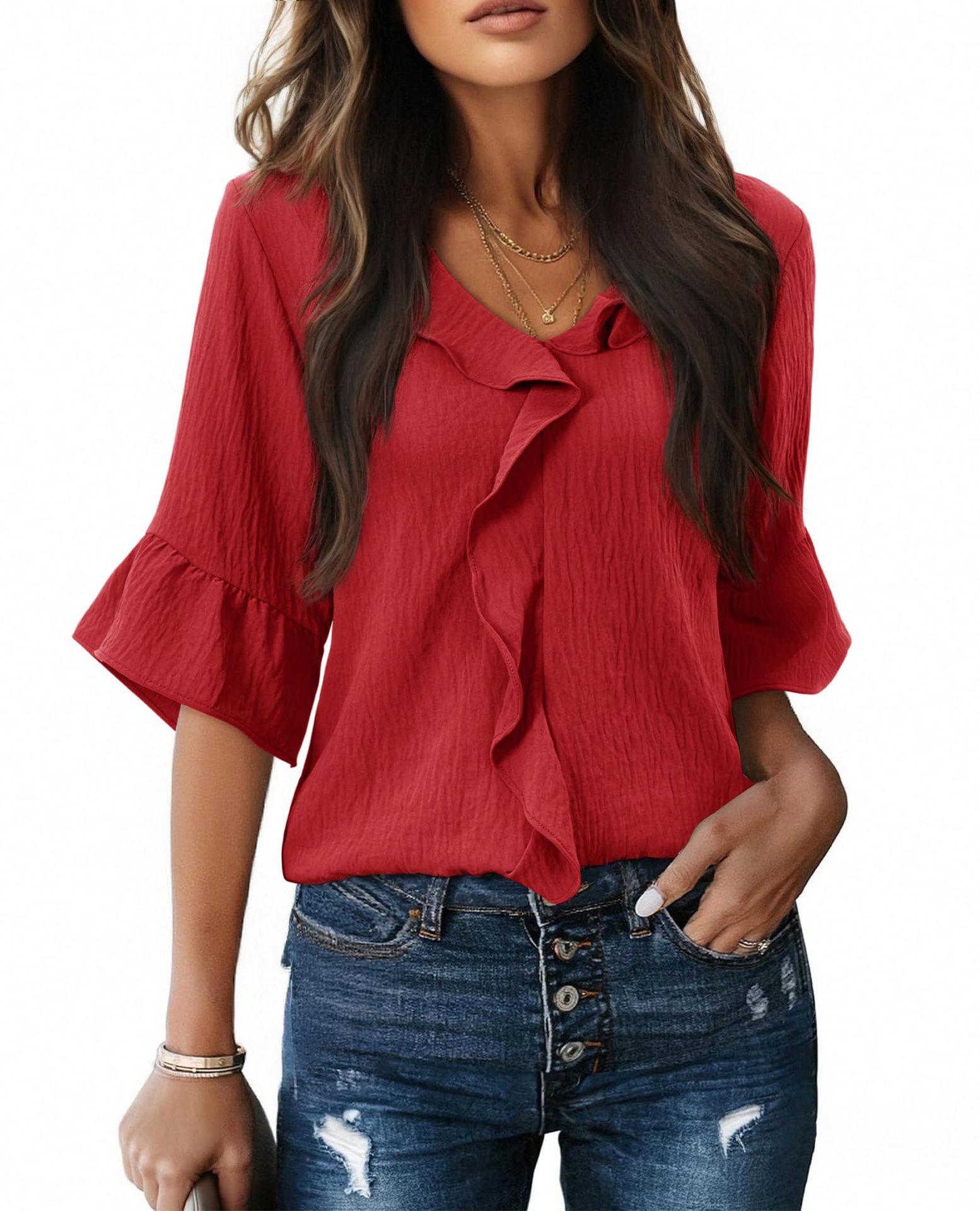 

2026 Fashion Style 3/4 Sleeve Ruffle Lantern Collar Casual Top S