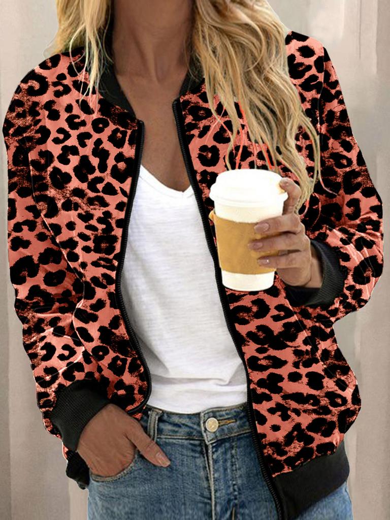 Autumn new European and American leopard print stand-up neck zipper cardigan jacket