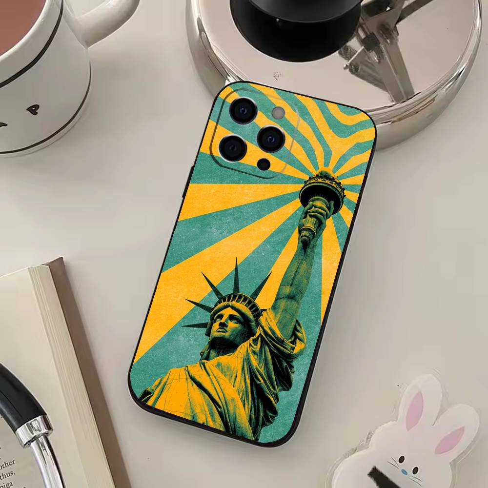 Statue Liberty America USA Flag Phone Case For iPhone 17,16,15,14,13,12,11 Plus,Pro Max,XS,Soft Black Cover