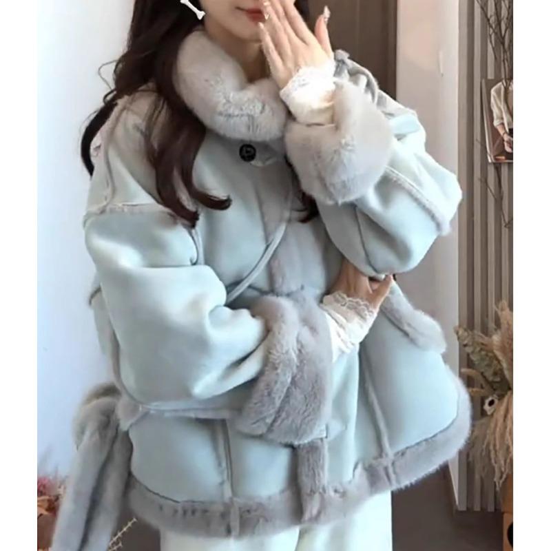 Cappotto invernale da donna in finta pelle scamosciata e pelliccia corto largo stile coreano giacca spessa capospalla senza borsa