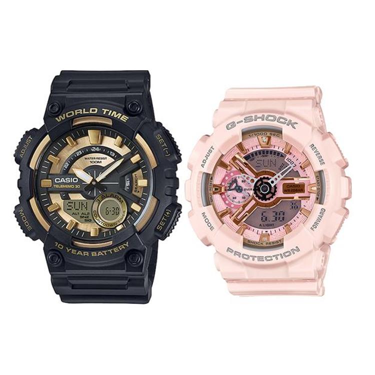CASIO Unisex Pair Table Series Black Watch AEQ-110BW-9A+GMA-S110MP-4A1