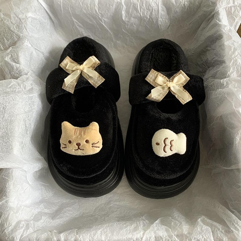 Cute kitten cartoon slippers 2025 autumn and winter non-slip girls cotton slippers for home wear students thick-soled slippers