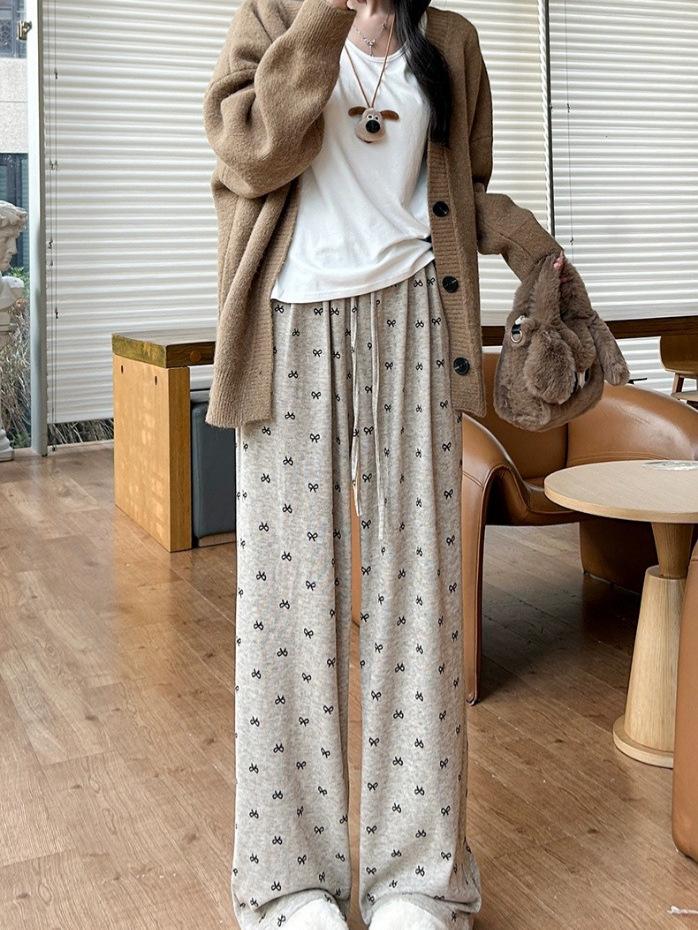 Bowknot High Waist Fleece-Lined Wide Leg Pants for Women, Spring 2025 Collection