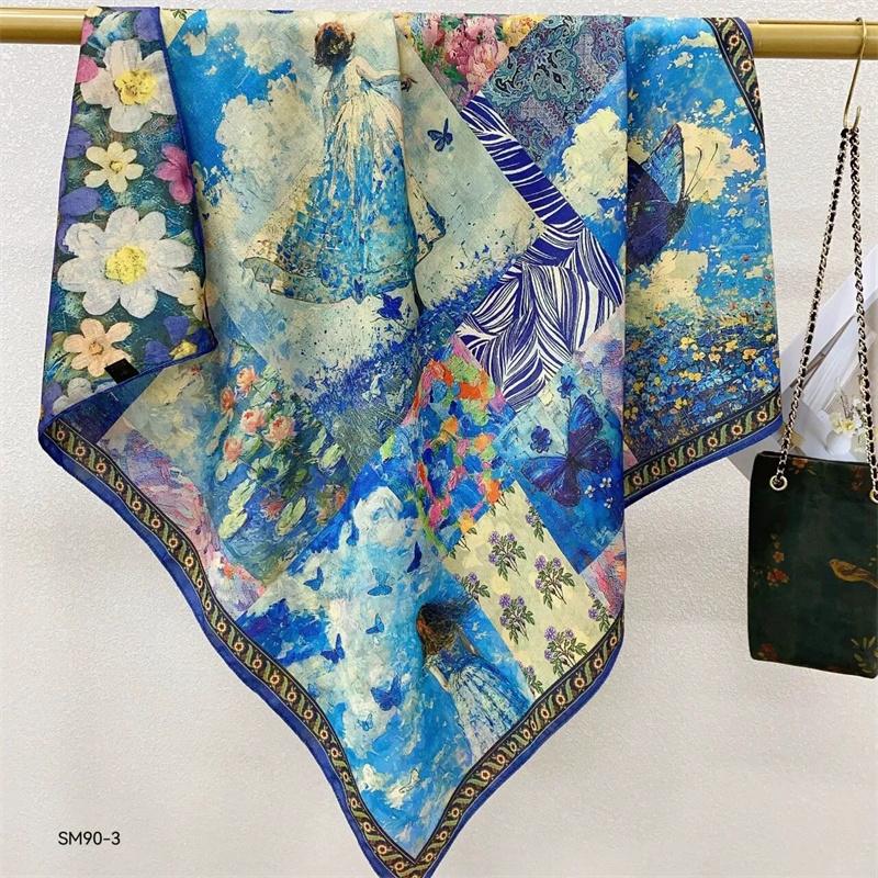 Double-Sided Faux Silk And Wool Printed Scarf For Women Spring And Autumn 90Cm Square Scarf Foulard Bandana Femmel Headscarf