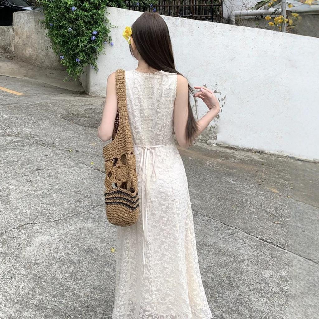 V-neck heavy industry lace crochet vest dress women's summer new waist and thin A-shaped long dress