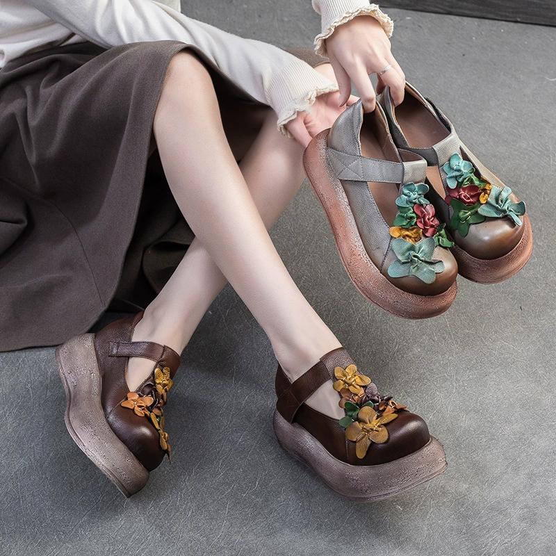 Fashion GKTINOO Retro Round Toe Thick Soled Shoes For Spring And Summer 2025 New Genuine Leather Flower Women's Flat Platform Shoes