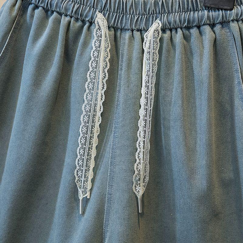 Plus Size Women's Lace Trim Denim Shorts - Loose Wide Leg Casual Capris