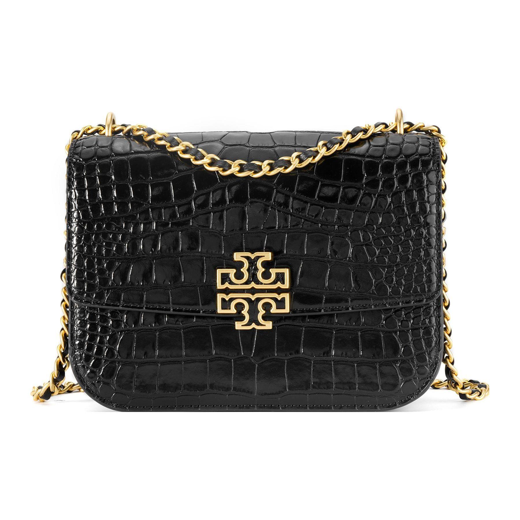 

Tory Burch Britten Crocodile Pattern Chain Double T Logo Flap Leather Crossbody Shoulder Bag Women bags Black Gold 141029-001 Basic Set (Bag+Dust Bag)