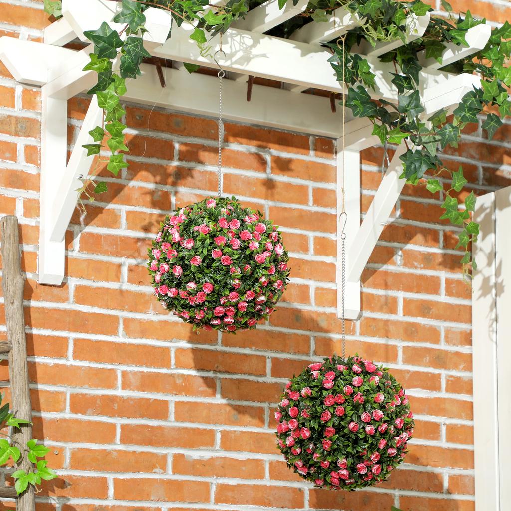 Set of 2 Decorative Artificial Plants, UV-protected Artificial Plant Topiary Rose Balls, Fake Plants for Home Indoor Outdoor Decor, 28cm, Pink