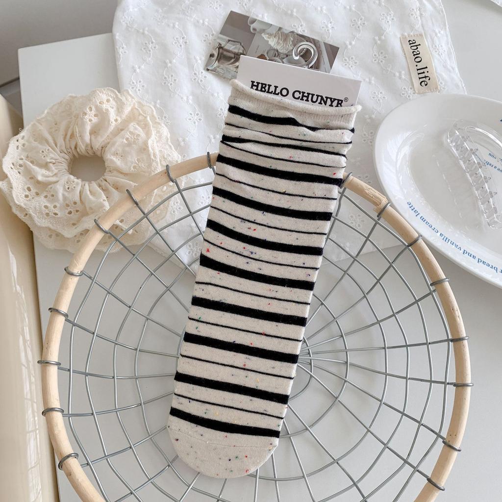 Korean Style Idea Yarn Striped Boneless Socks Mid-Leg Socks Spring And Autumn Cotton Rolled Hemmed Stacked Socks