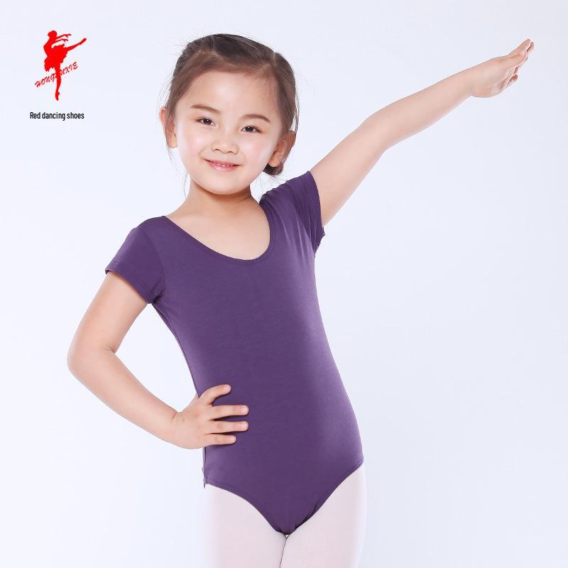 Red Children's Ballet Bodysuit - Short-Sleeve Cotton Leotard for Girls, Practice and Dancewear Style 5007