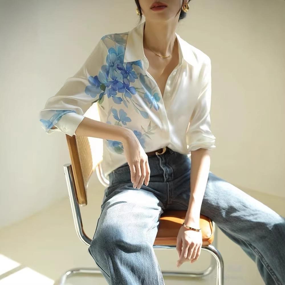 National Style Ink Painting Gradual Change Flower Positioning Printing Shirt 2026 Early Spring Lapel Design High-end Silk Shirt