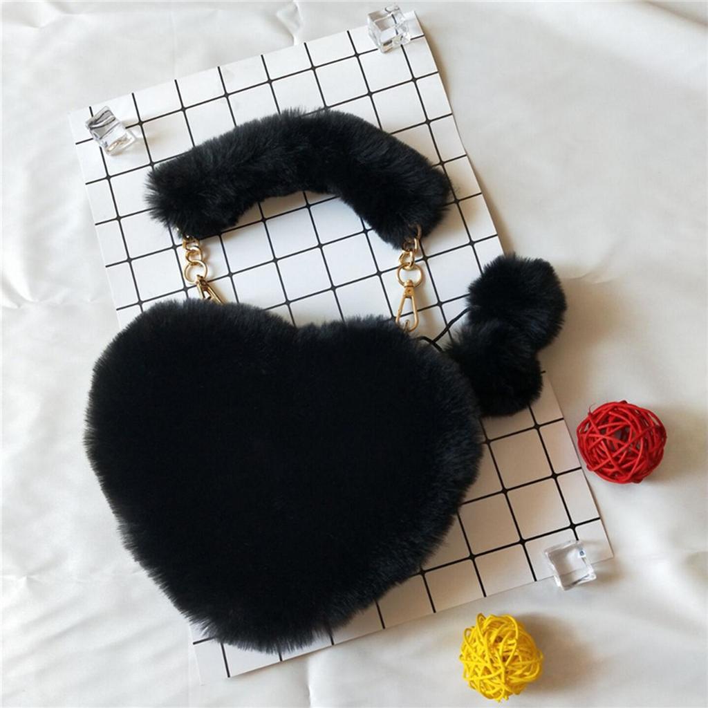 Women's Heart Shaped Faux Fur Wallet Purse Chain Shoulder Bag Winter Tote Purse Messenger Satchel