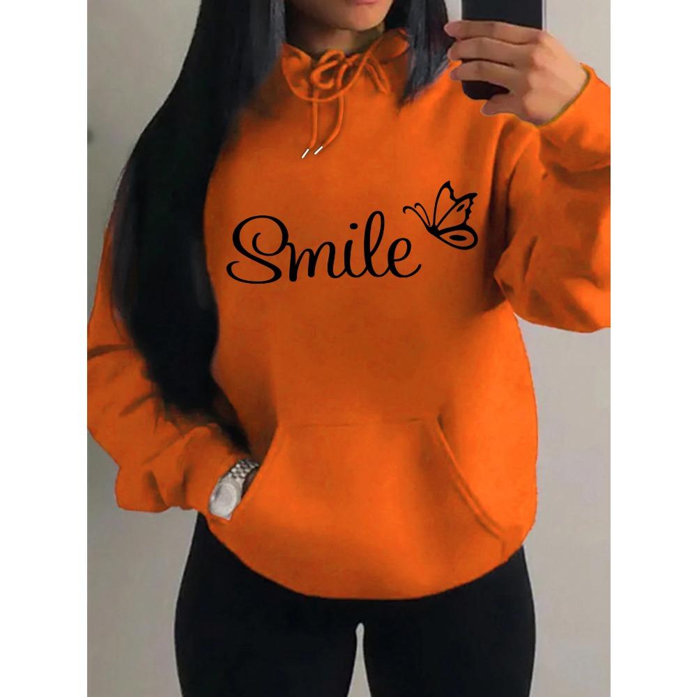 Smile Font Language Butterfly Pattern Hoody For Women Sport Pocket Clothing Cute Multicolor Streetwear Autumn Fashion Hoodies