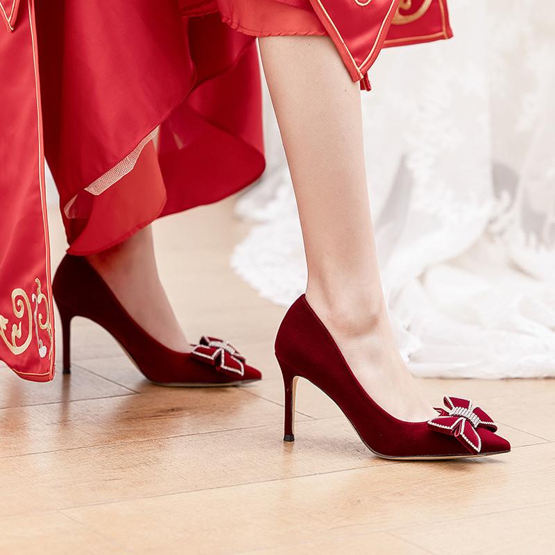 

Модные Деликатные Женские Туфли Бордового Красного Цвета для Свадьбы Свадебные Туфли из Искусственной Замши Женские Туфли-Лодочки на Высоком Каблуке-Шпильке с Кристальным Бантом Tacones Mujer 4.5