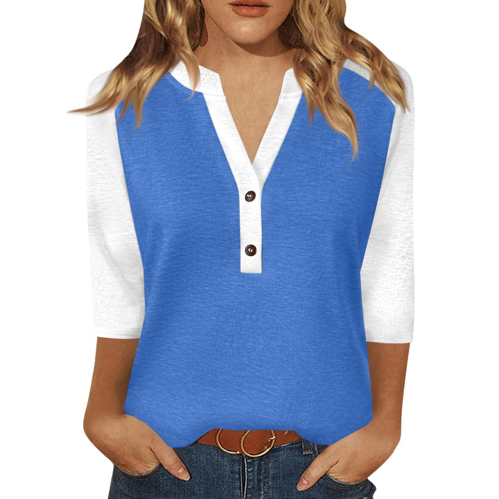 

Women s T Shirt Print Button 3/4 Sleeve Daily Weekend Fashion Basic V- Neck Regular Top L синій