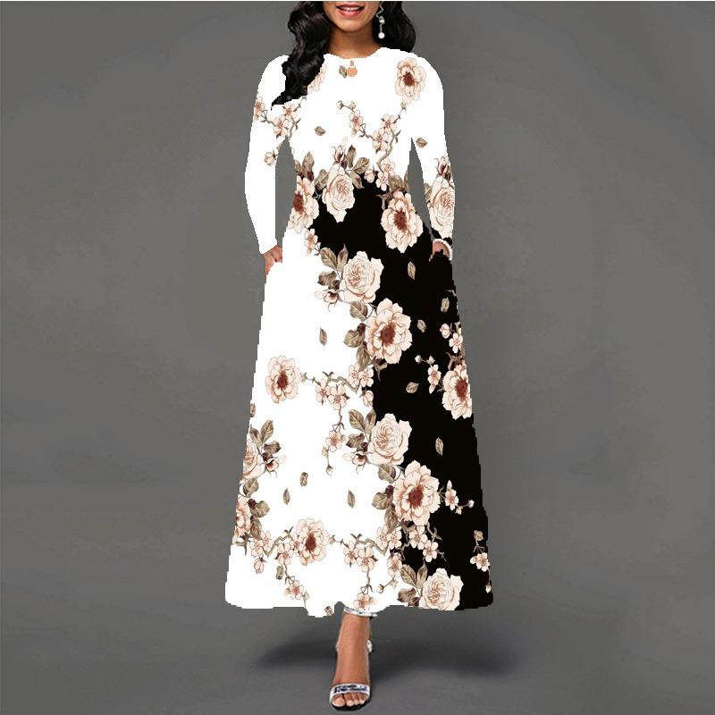 Women's large-size dress digital printing long-sleeved pendulum D temperament elegant