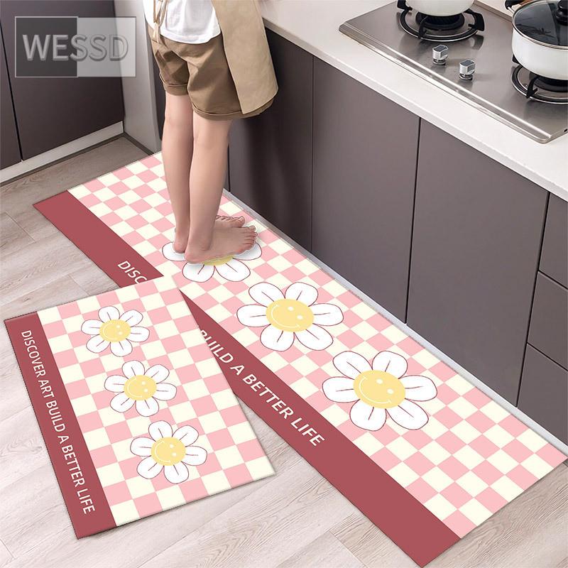 Tegneserie sjakkbrett Solblomst kjøkkenmattesett Søt løpeteppe til hjemmet Absorberende Anti-skli Vaskbare baderomsmatter 40x60cm 40x120cm 2 stk.