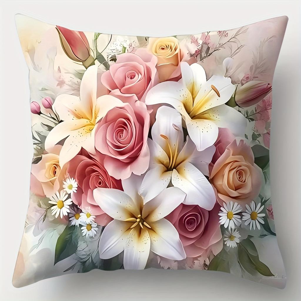 Spring Mixed Flower Bouquet Throw Pillow Covers, Vibrant Lily, Rose, Tulip & Daisy Print Cushion Cases, Fresh Floral Home Decor
