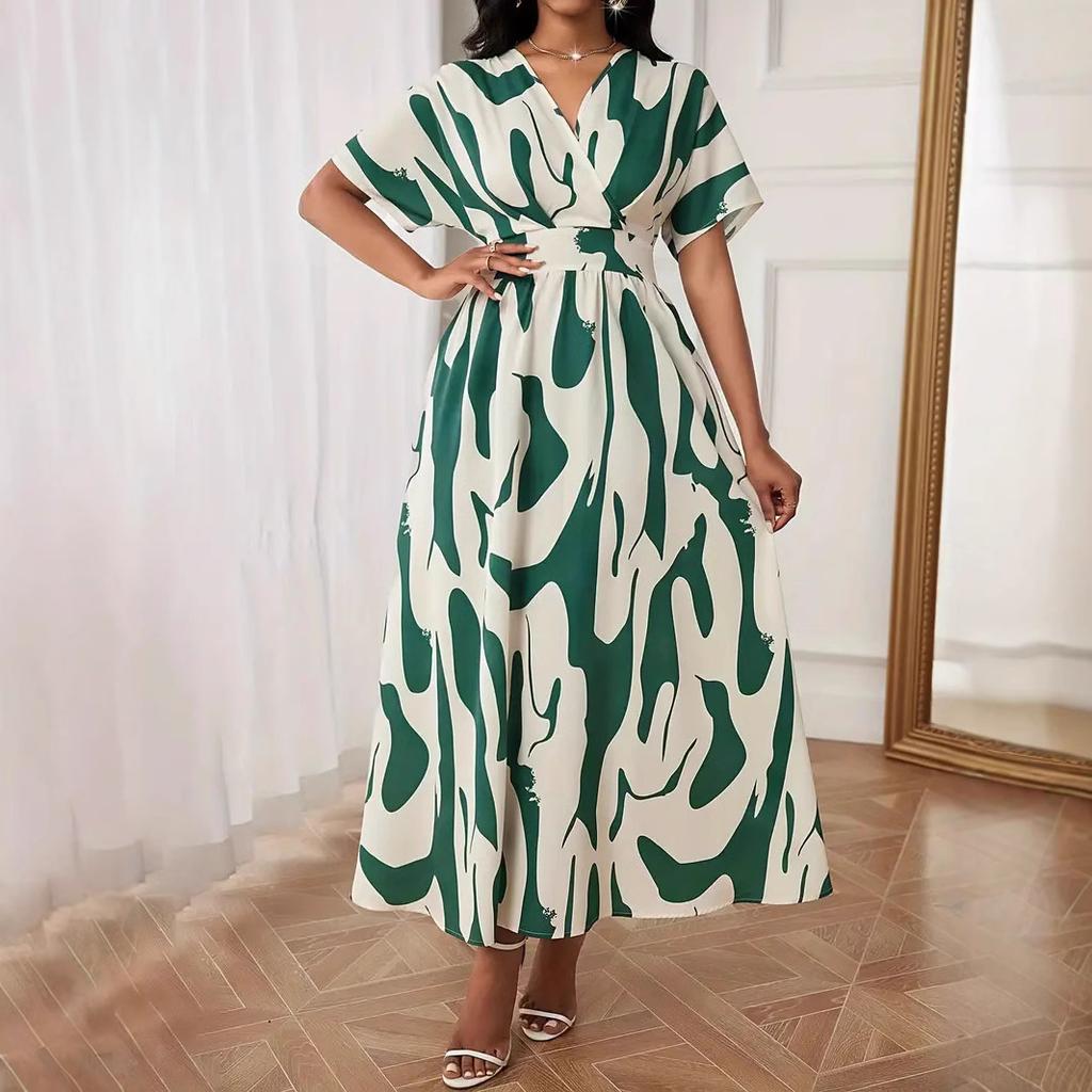 Women Summer Short Sleeve Color Matching Holiday Beach One Piece Dress