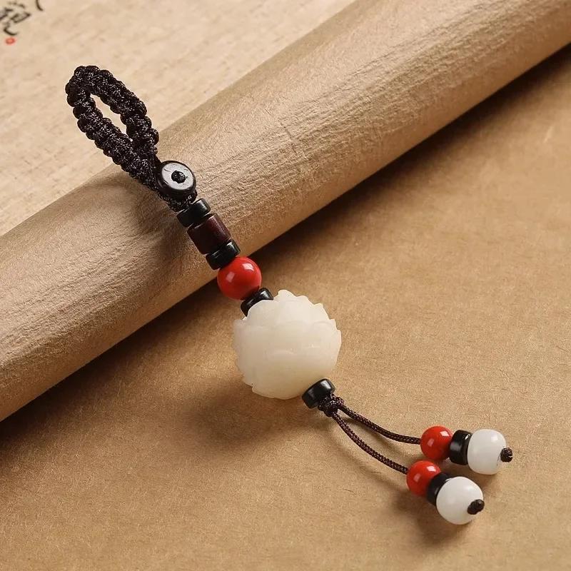 Buddhism Lotusblomma Nyckelring Tillbehör Trä Buddha Lyckobringande Pärlor Nyckelring Jadepärla Telefonamulett Väskspänne Kinesisk Charm