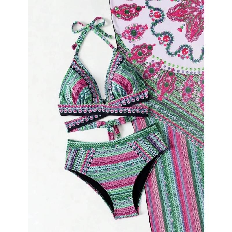 Vintage National Bikini Badeanzug mit Netz-Cover-Ups Überkreuztes Neckholder-Bikini 3-teiliges Set Blau/Grün/Rot Hohe Taille Strandbekleidung
