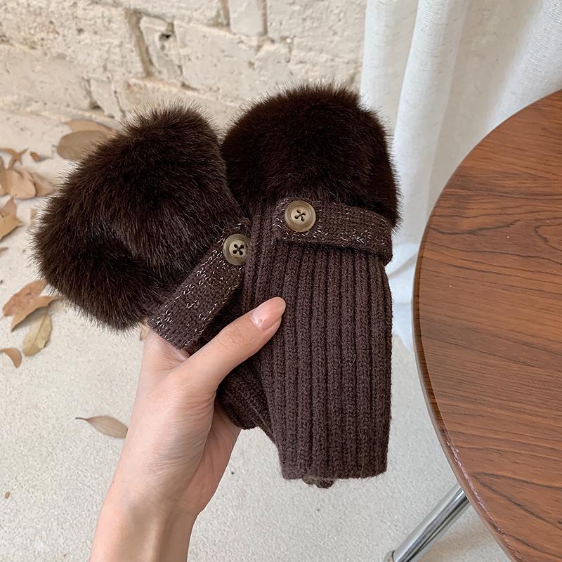 Women's Fluffy Winter Knit Gloves – Touchscreen, Half-Finger, Warm for Cycling