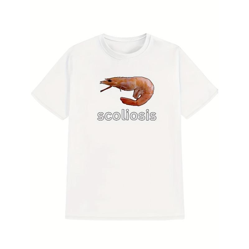 European Sizes Black Background Shrimp Print T-Shirt, Summer, Round Neck Short Sleeve Top, Casual Everyday Wear, Men'S Clothing