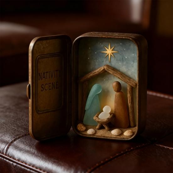 Yousheng Coastal Nativity Scene Ornament Handcrafted Sea Glass Art Mini Nativity Scene In A Tin Collectible Holy Family Decoration Christian Gift