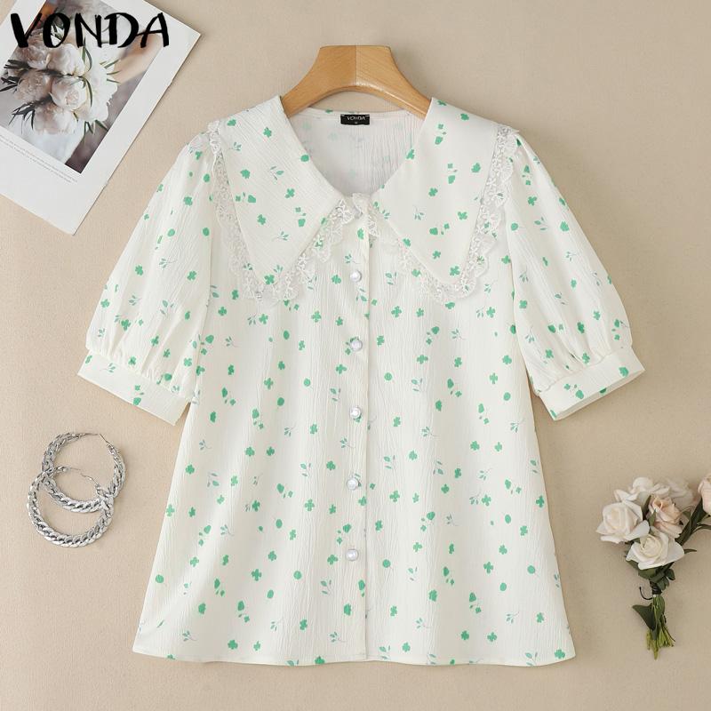 

VONDA Женская кружевная блузка пэчворк с лацканами, на пуговицах, с цветочным принтом, повседневная, элегантная L зелёный