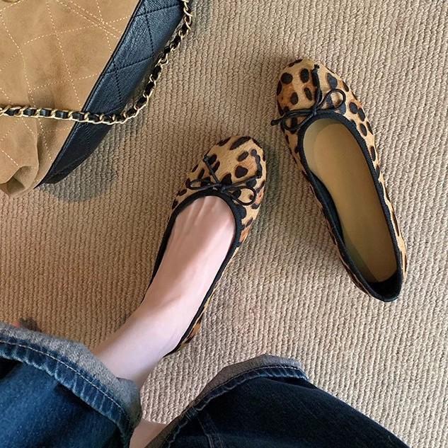 Sheepskin Version~ Leather Round Head Light Mouth Versatile Bow Leopard Print Flat Sole Shoes Women's Mary Jane Ballet Shoes Ladyshoes