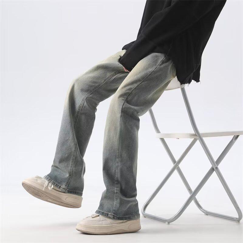 Blugi din denim spălați americani Toamnă pentru bărbați Pantaloni largi cu mop cu picioare drepte Pantaloni casual din denim cu picioare largi