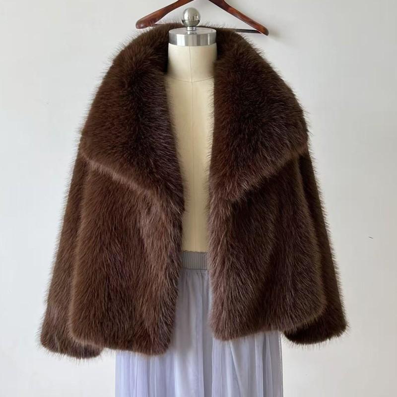 Damen Reverskragen Langarm Kunstpelzmantel Lockerer Schnitt Streetwear Pelzjacke
