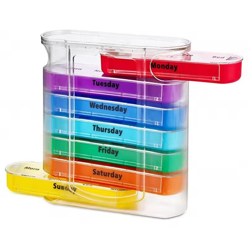Portable Weekly 7 Days Pill Box Colorful Design Stackable 4 Times A Day Medicine Storage Dispenser/Plastic Pill Organizer Boxes