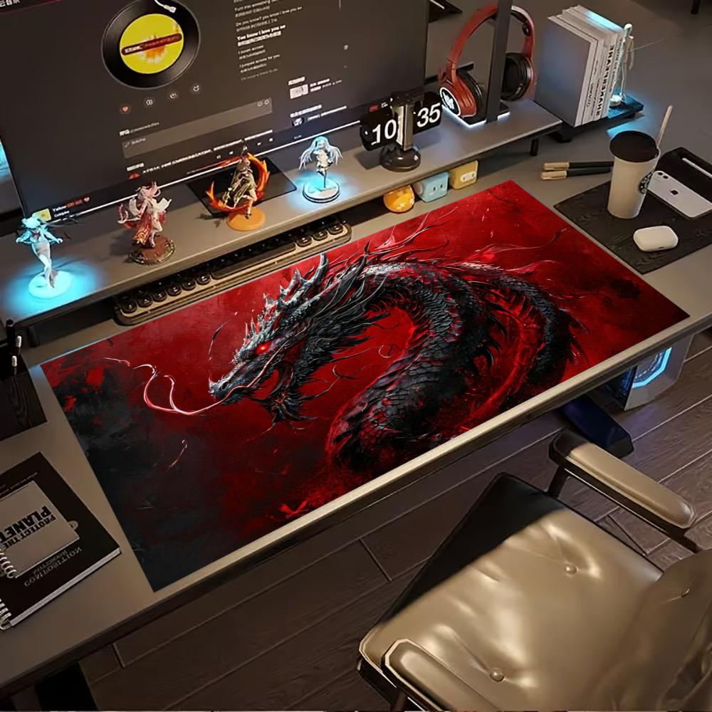 Dark Red Glowing Dragon In Cloud Large Extended Mouse Pad Nonslip Rubber Base With Stitched Edges For Gaming And Office Use