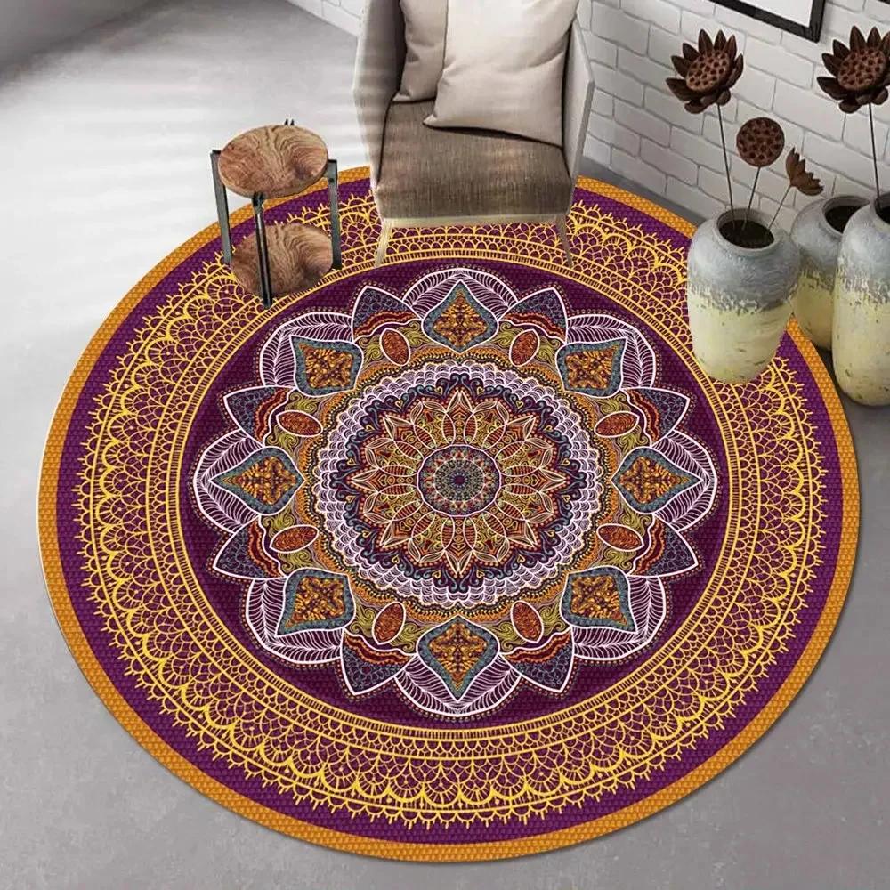Bohemian Mandala Round Carpet Ethnic Style Vintage Floral Rug Living Room Coffee Table Sofa Mat Bedroom Hanging Basket Chair Mat