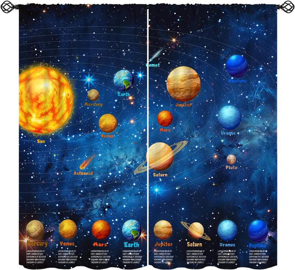 Solar System Window Curtains, Outer Space Space Astronaut Galaxy Window Treatments for Kids Boys Girls Bedroom Living Room