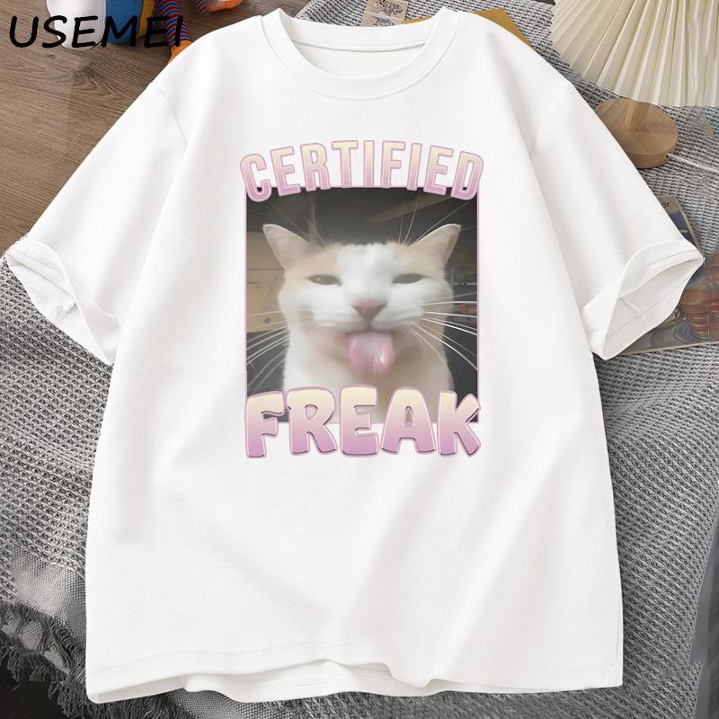 Certified Freak Funny Cat Meme T-shirt Man Short Sleeve T-shirt Men Clothes Y2k Graphic T Shirts Oversized Tees