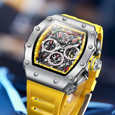 Quartz Men Watches Tonneau Dial Stainless Steel Shell Sport Wristwatches Fashion Silicone Strap Clock Chronograph Waterproof