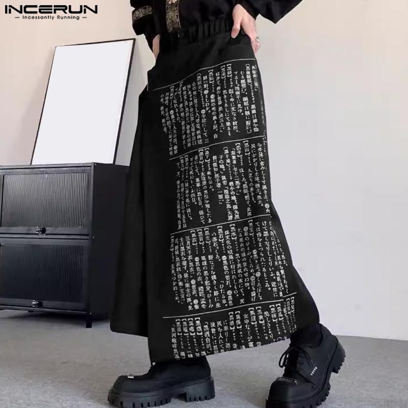 INCERUN Men Print Gothic Pleated Apron Style Irregular Layers Skirt Pants
