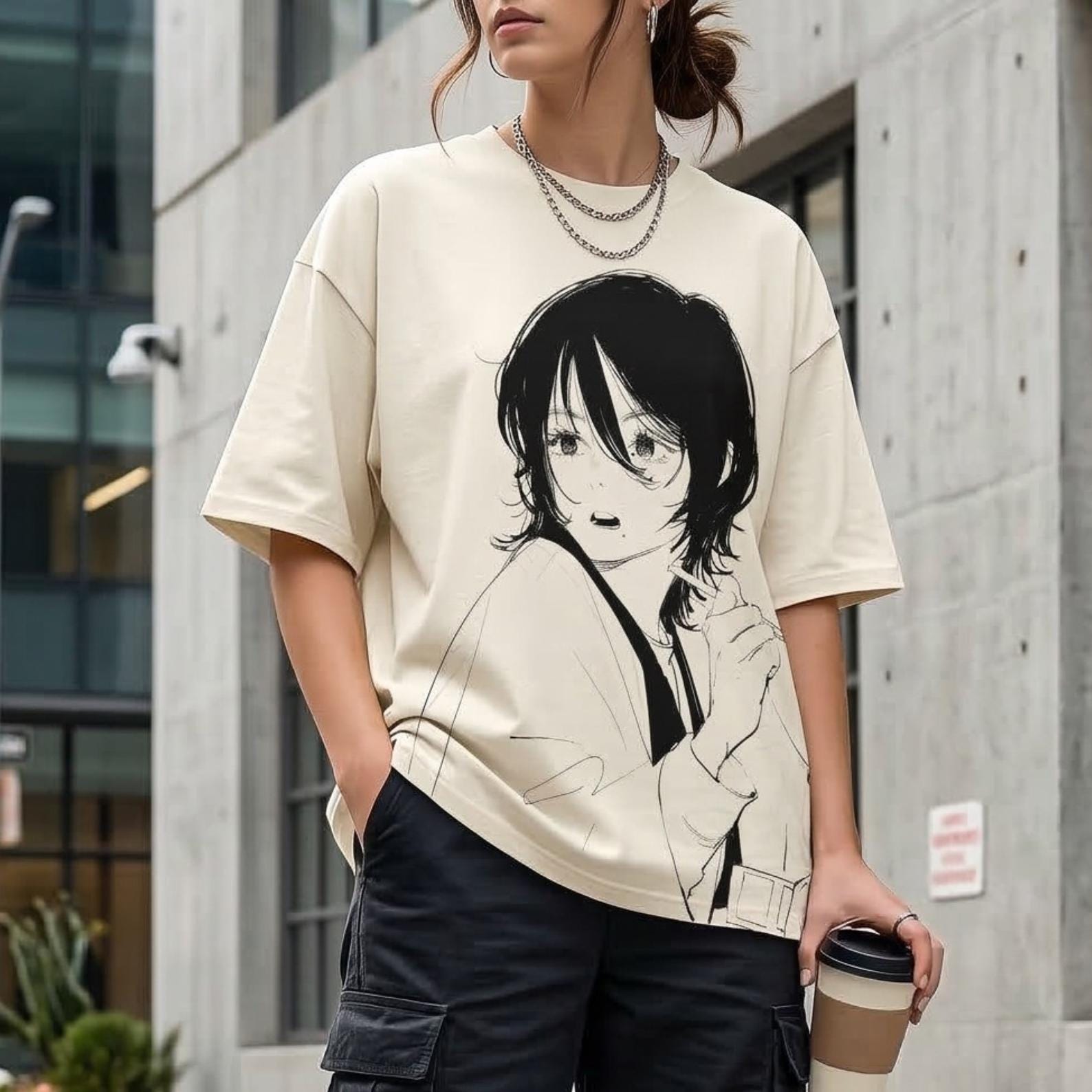 Anime Sketch Style Graphic T Shirt, Minimal Line Art Short Sleeve Tee, Japanese Aesthetic Casual Shirt 3XL