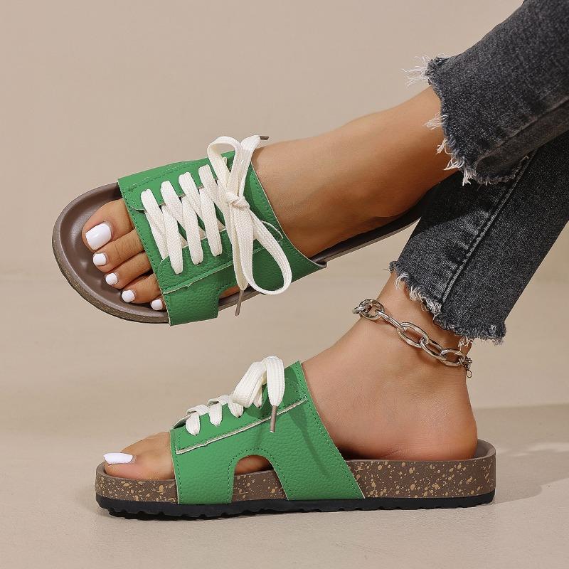 Large size woven one-word lace-up slippers women's new flat-heeled sandals platform beach shoes