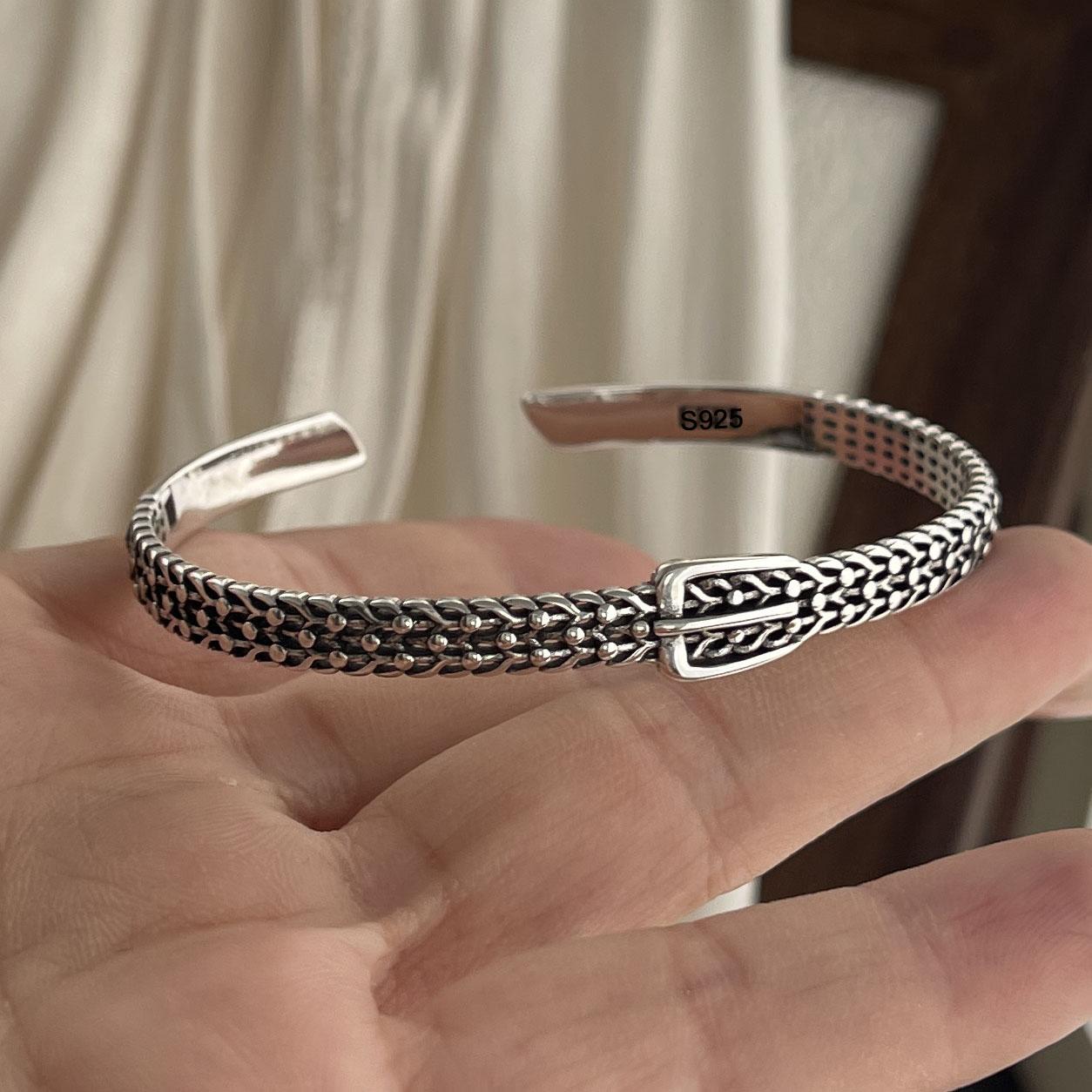 

100% Solid 925 Sterling Silver Retro Bracelet for Women Men Vintage Handmade Belt Chain Bracelet Birthday Gift