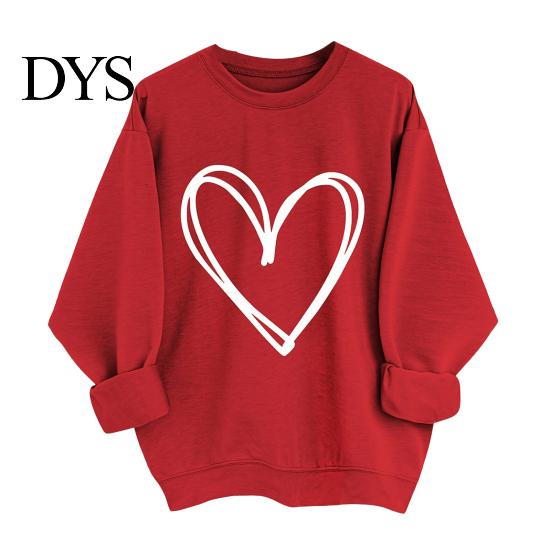 Casual Loose Fit Pullover Spring Autumn Women Sweatshirt Heart Print Pure Color Round Jumper Neck Long Sleeves Valentines Day Top Thick Warm Winter