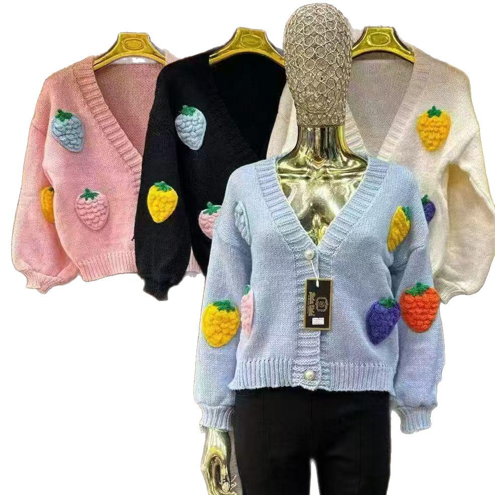 Women's Korean Dongdaemun Strawberry Knit Cardigan - Hand-embroidered, Cozy Autumn/Winter Sweater, Stylish & Quality Design