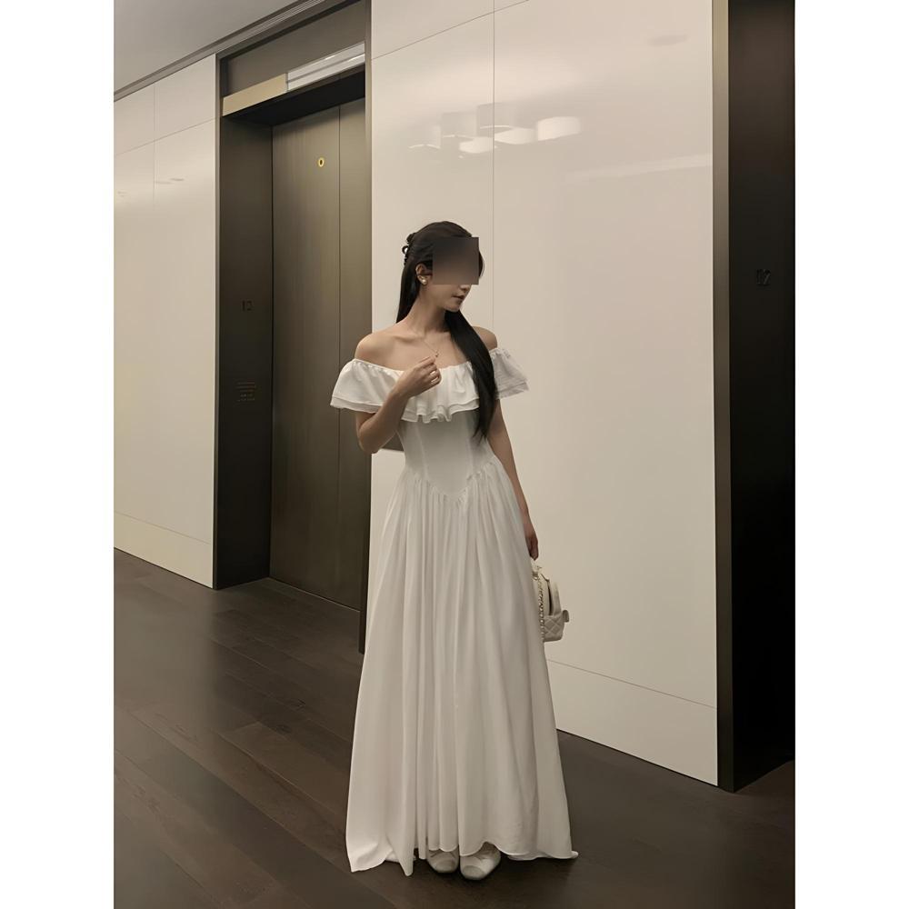 Weißes Kleid Damen Sommer Temperament Neu Lange Taille Quadratischer Ausschnitt Rüschenrand Ein-Wort-Schulter Flatterärmel A-Linien-Rock