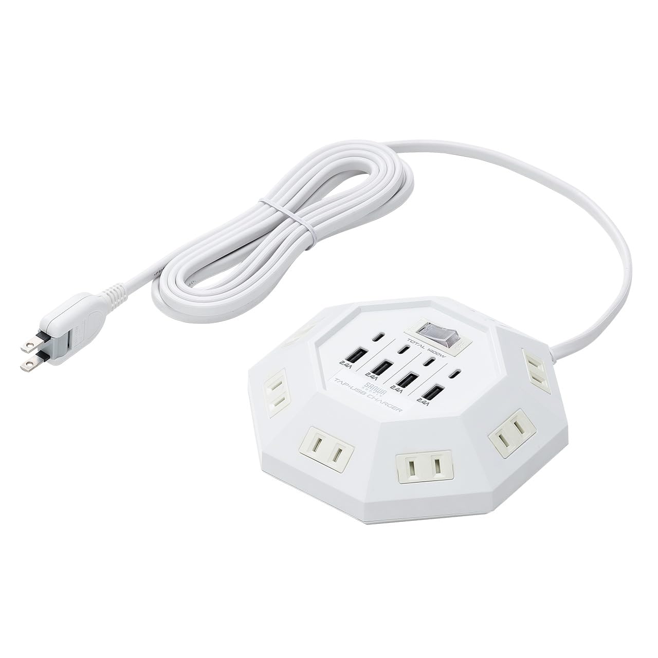 

Sanwa Direct Power Tap Extension Cord with USB Tabletop 3m 8 ports x 4 ports x 4 ports with switch White USB-C / USB-A Non-slip 700-TAP072 білий