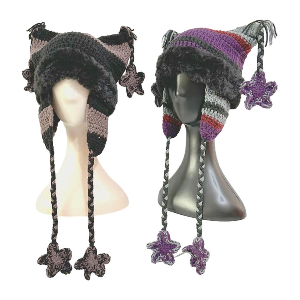 Winter Cat Ear Furry Bucket Hat Knitted Warm Hat for Womens Streetwear Fisherman Hats Cartoon Star Caps