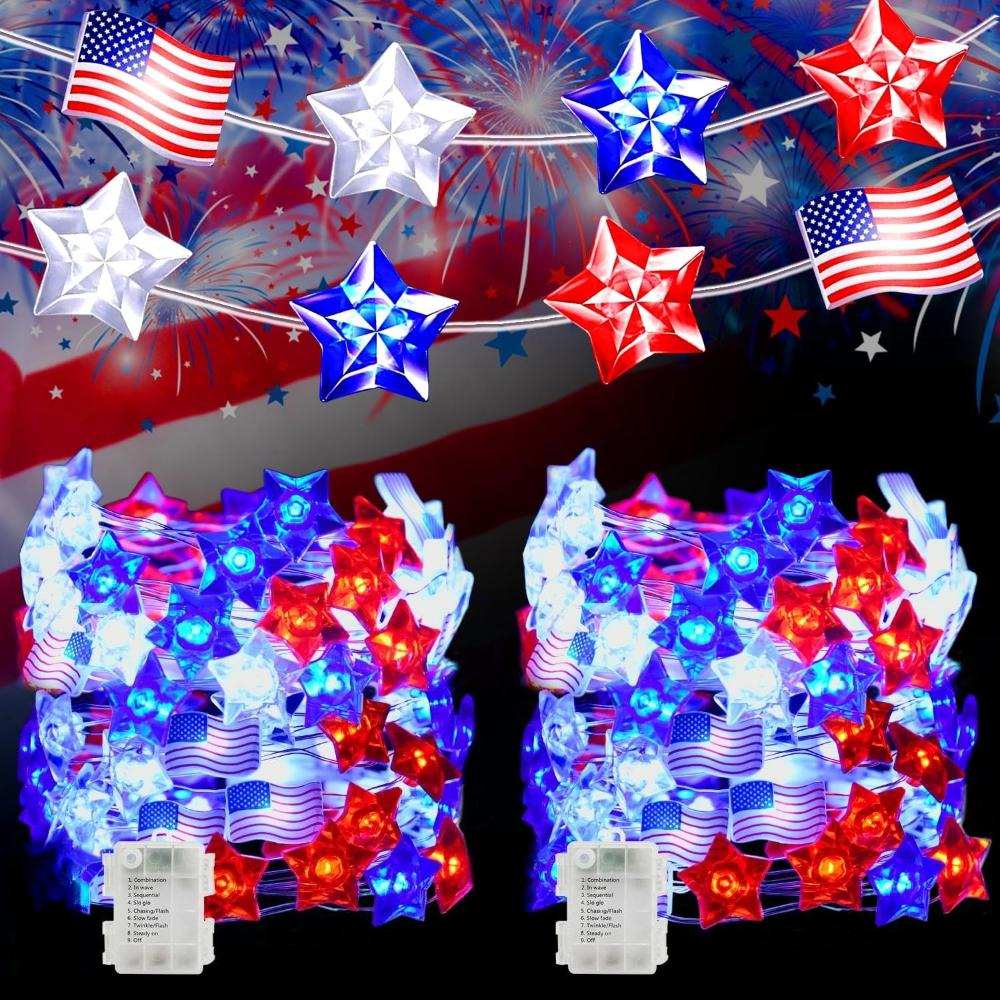 30 LED Patriotic String Lights Red White Blue Star Flag Fairy Lights Battery Operated 8 Modes Remote Timer for 4th July Memorial Day Decor